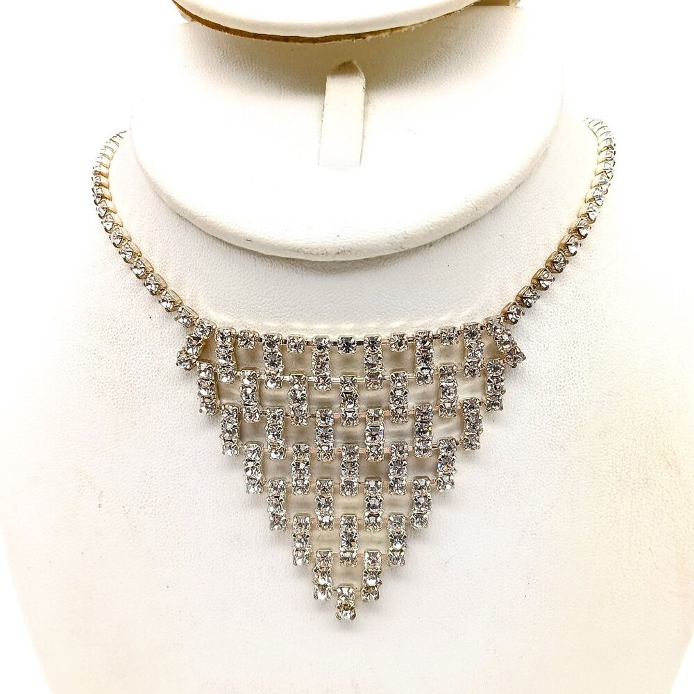 Vintage Crystal Bib Choker, Silver Tone with Clear Prong Set Rhinestones, Maximu